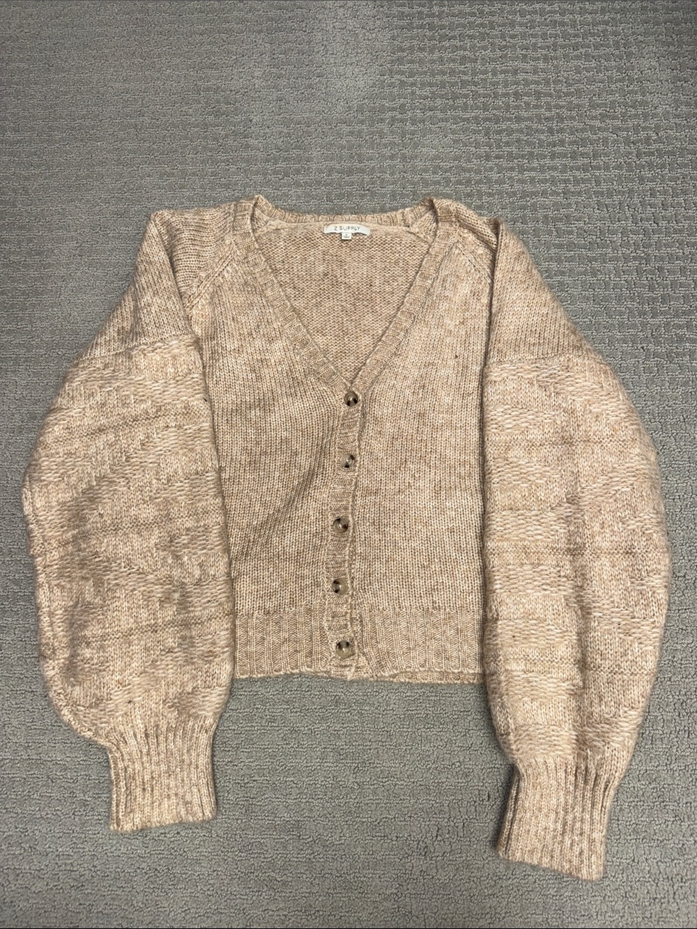 Z Supply Neutral Beige V-Neck Button Cardigan with Puff Sleeves